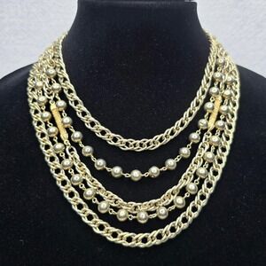Kramer of New York Bib Necklace Chain Vintage Gold Tone 5-Strand Bead Jewelry